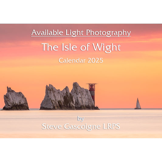 Isle of Wight landscape at sunset with the Needles landmark for a 2025 calendar cover by Steve Gascoigne LRPS, now available for pre-order from **Available Light Photography's 2025 Isle of Wight calendar PRE-ORDER**.