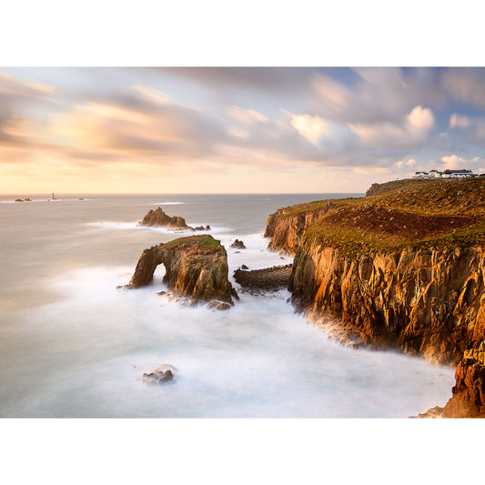 Land's End at sunset with smooth water effect, rocky cliffs, and a serene sky on the Isle of Wight by Available Light Photography.