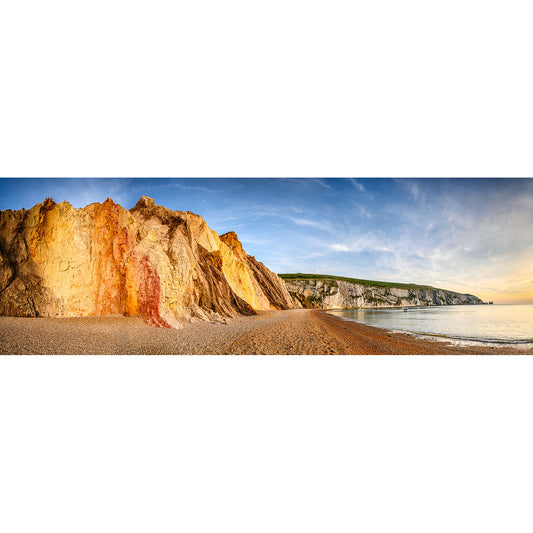 Panoramic view of Alum Bay & The Needles with colorful cliffs during sunset on the Isle of Wight by Available Light Photography.