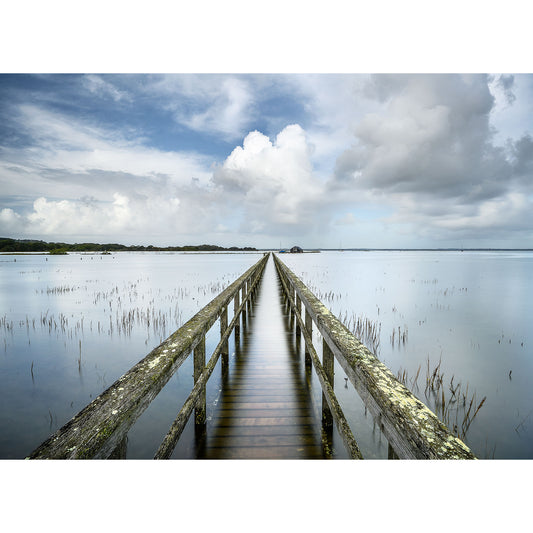 Wooden pier extending into calm waters under a cloudy sky, reminiscent of scenes captured by Available Light Photography's Newtown Creek.