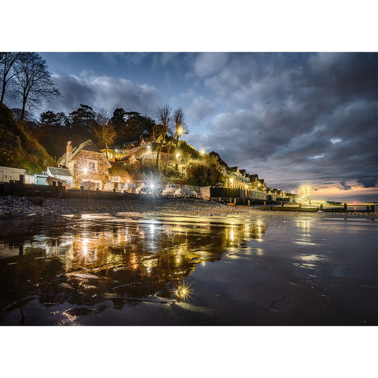 Twilight over a tranquil riverside town on the Isle with reflections of Shanklin Beach lights on the water's surface, captured by Available Light Photography.