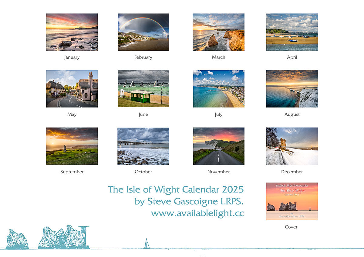 A 2025 Isle of Wight calendar by Available Light Photography, featuring monthly landscape photos from beaches to snowy roads, labeled by month.