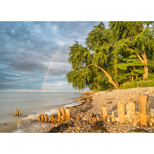 A serene beachscape of Bembridge Beach on the Isle of Wight with a partial rainbow over the sea, aged wooden breakwaters in the foreground, and lush green trees along the coastline, captured by Available Light Photography.