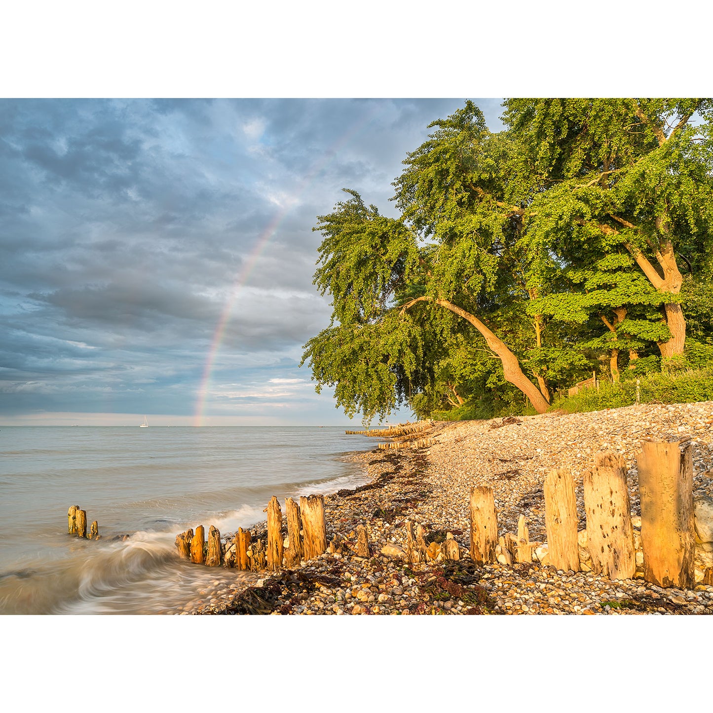 A serene beachscape of Bembridge Beach on the Isle of Wight with a partial rainbow over the sea, aged wooden breakwaters in the foreground, and lush green trees along the coastline, captured by Available Light Photography.