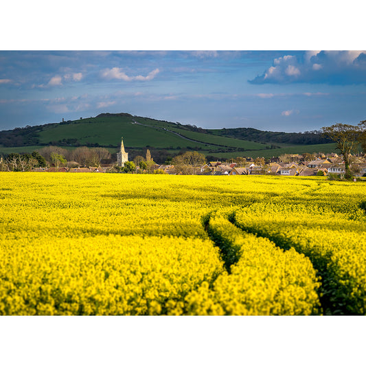 A vibrant yellow Brading field in the foreground with a village and a church spire in the middle distance, set against a backdrop of rolling green hills and a blue sky with scattered clouds on the horizon.