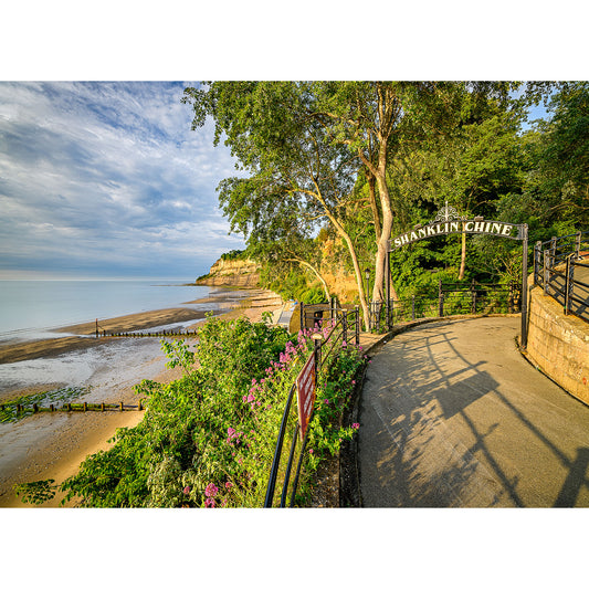 An entrance to Available Light Photography Chine on the Isle of Wight with a view of the beach and cliffs on a sunny day.