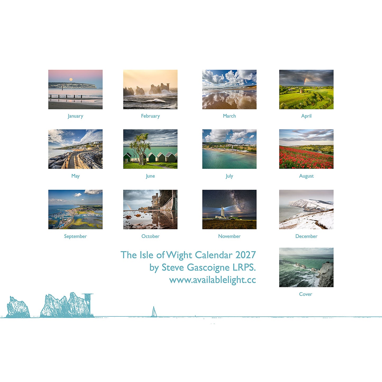 Preview the 2027 Isle of Wight calendar by Available Light Photography—featuring twelve landscape photos by Steve Gascoigne LRPS (one per month), a cover image, and an A4 ring-bound format with a website link at the bottom.