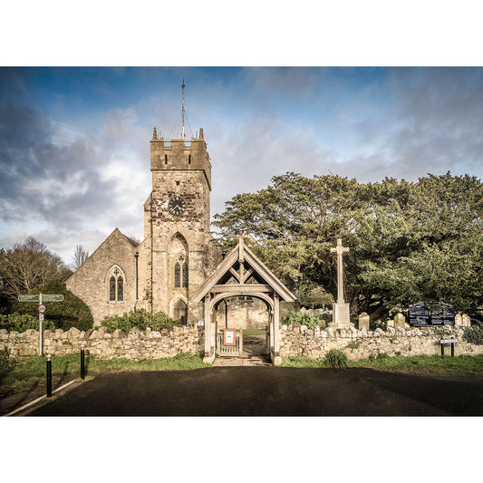 Image number 045: All Saints' Church, Freshwater with a clock tower and an arched entrance under a cloudy sky, enhanced for SEO optimization by Available Light Photography.