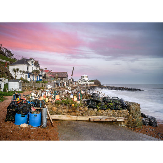 Image number 2807: Steephill Cove at sunset with fishing equipment and colorful sky, captured by Available Light Photography.