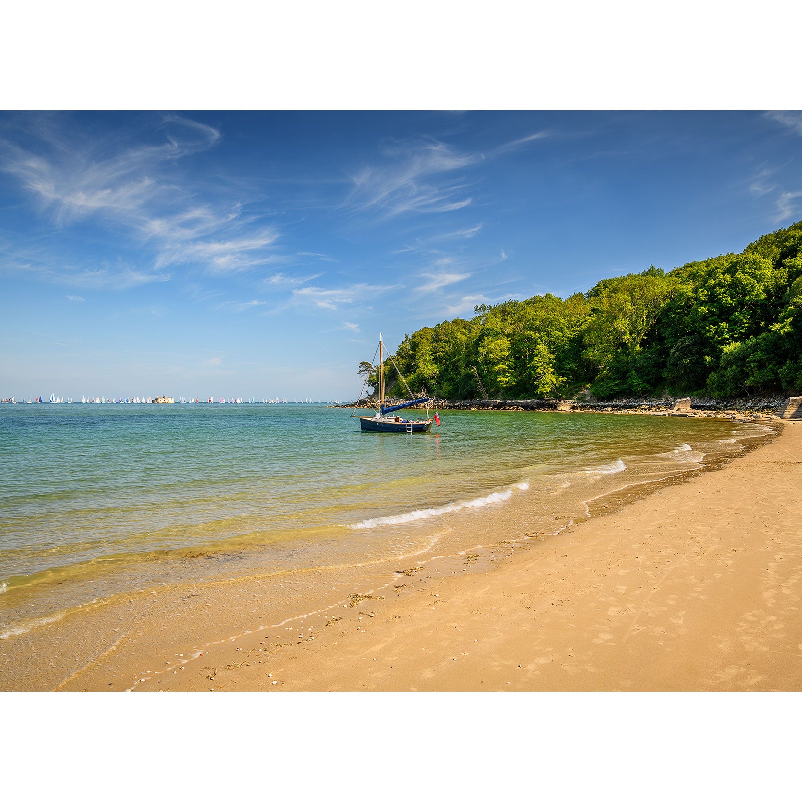 A small sailboat is anchored near Priory Bay’s sandy shore with crystal-clear water and a forested area to the right, beneath a bright blue sky. Photo by Available Light Photography.