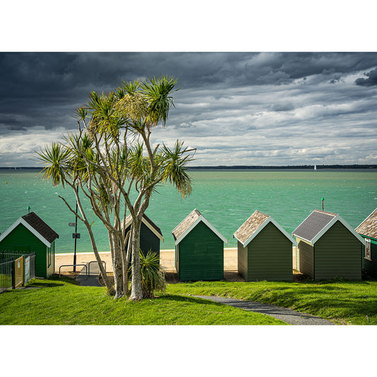 Five small beach huts stand in a row beside a turquoise sea, with a palm tree and lush grass in the foreground under a cloudy sky. "Gurnard" by Available Light Photography captures this vibrant coastal scene.