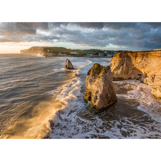 Freshwater Bay by Available Light Photography captures a majestic rock formation rising from the ocean, its rugged silhouette enduring against the waves.