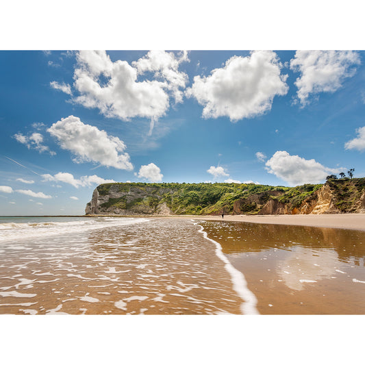 Sunny beach with waves gently reaching a sandy shore in front of a tall cliff on Whitecliff Bay under a blue sky with scattered clouds, captured by Available Light Photography.