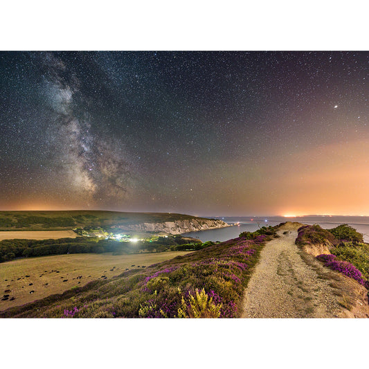 A nocturnal landscape featuring the Milky Way over The Needles above the Isle of Wight's coastal area with illuminated towns and a pathway surrounded by flowering shrubs, captured by Available Light Photography.