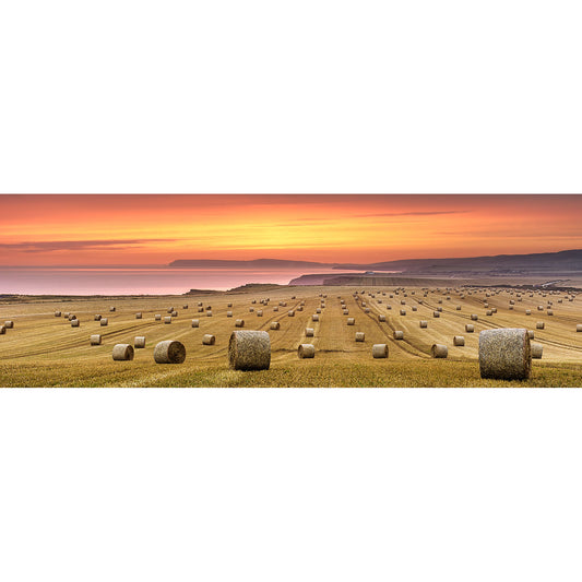 Sunset over a coastal farmland on the Isle, dotted with straw bales from Chale by Available Light Photography.