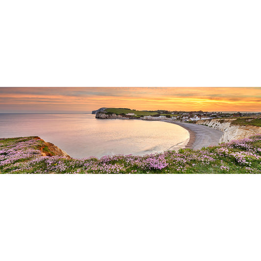 Coastal landscape of the Isle of Wight at sunset with Pink Thrift flowers, Freshwater Bay beach, and cliffs under a soft-hued sky captured by Available Light Photography.