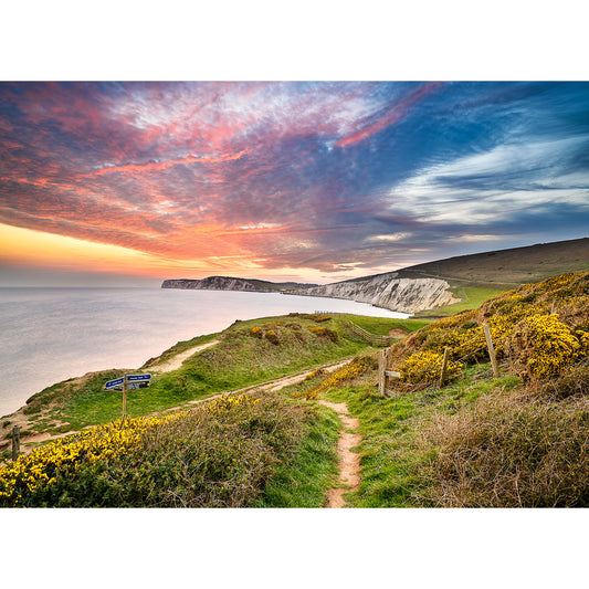 Coastal path on the Isle of Wight leading towards Compton Bay under a vibrant sunset sky. (Available Light Photography)