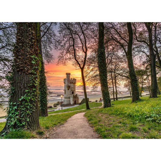 Pathway leading to Appley Tower amidst trees on the isle against a sunrise sky, captured by Available Light Photography.