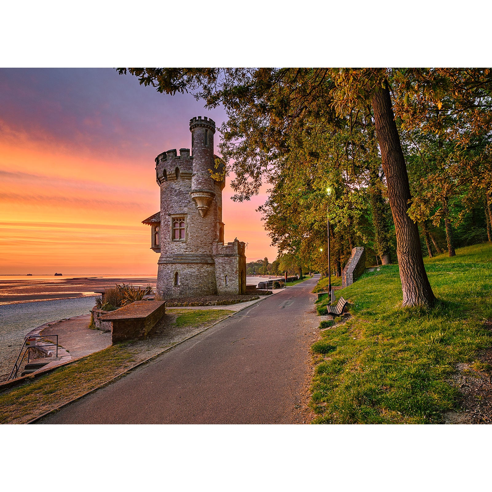 Historic Appley Tower by a path at sunrise captured by Available Light Photography.
