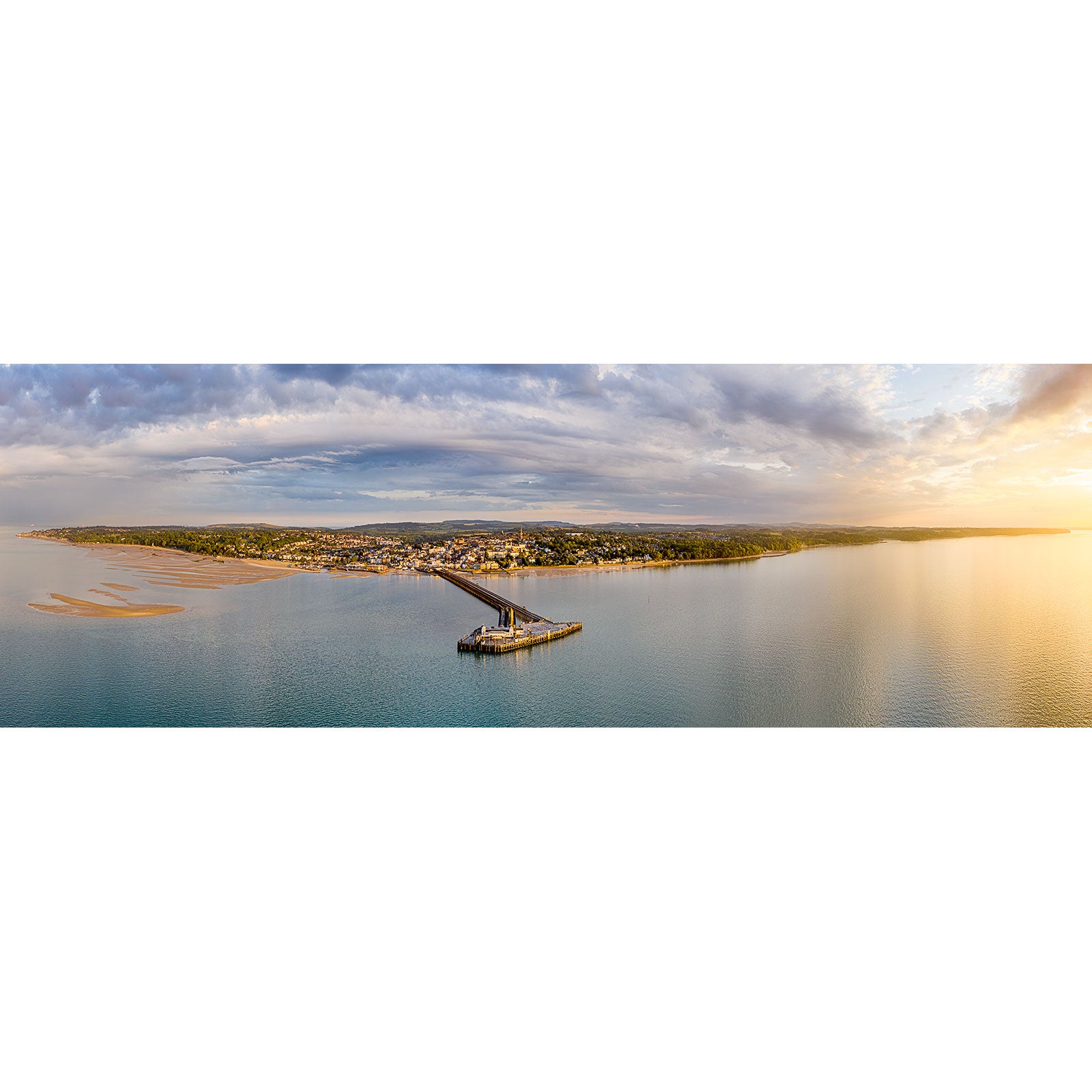 A panoramic aerial view of Ryde, a coastal town on Wight during sunset, captured by Available Light Photography.