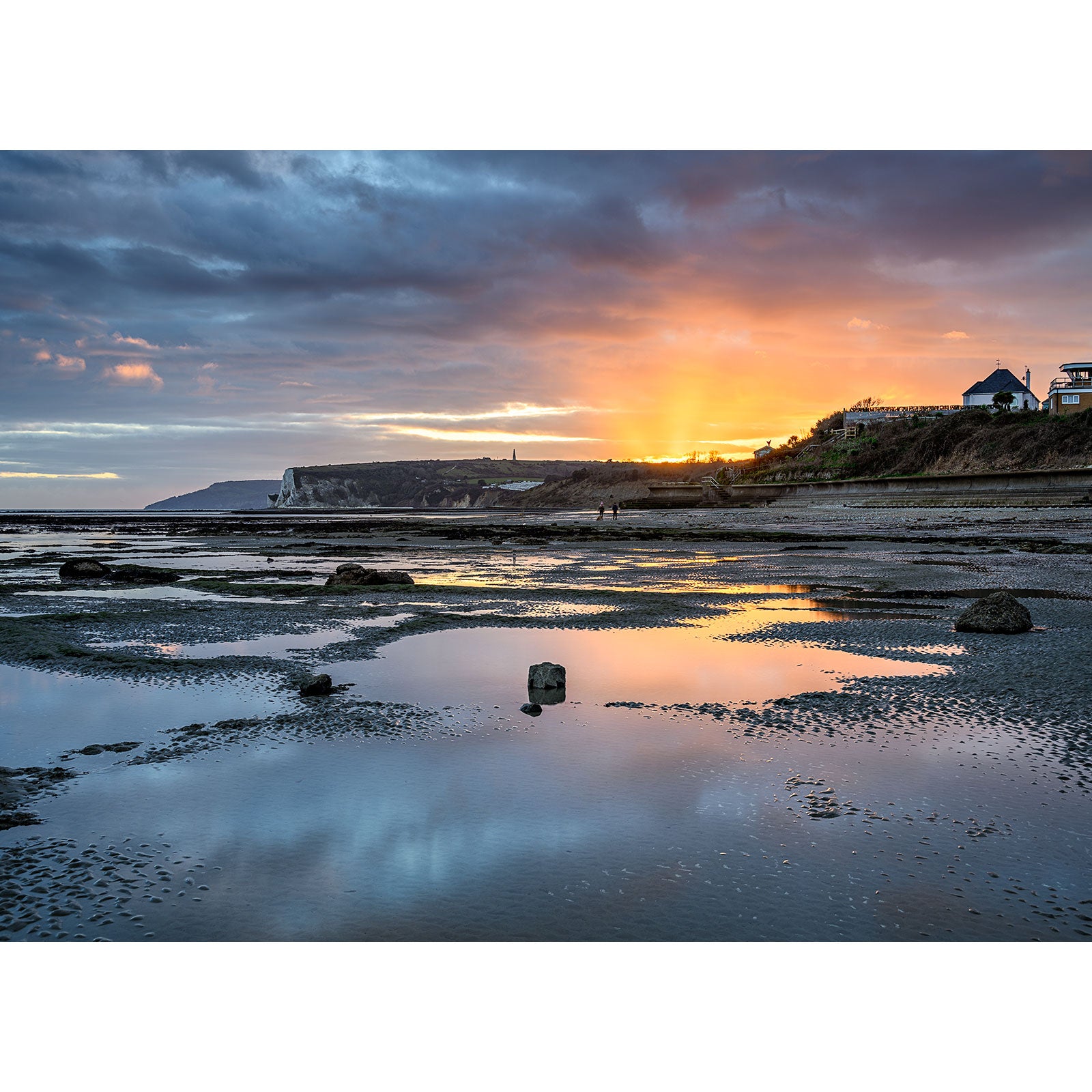 Sunset over the Whitecliff Bay coastal landscape with reflective tidal pools and a dramatic sky captured by Available Light Photography.